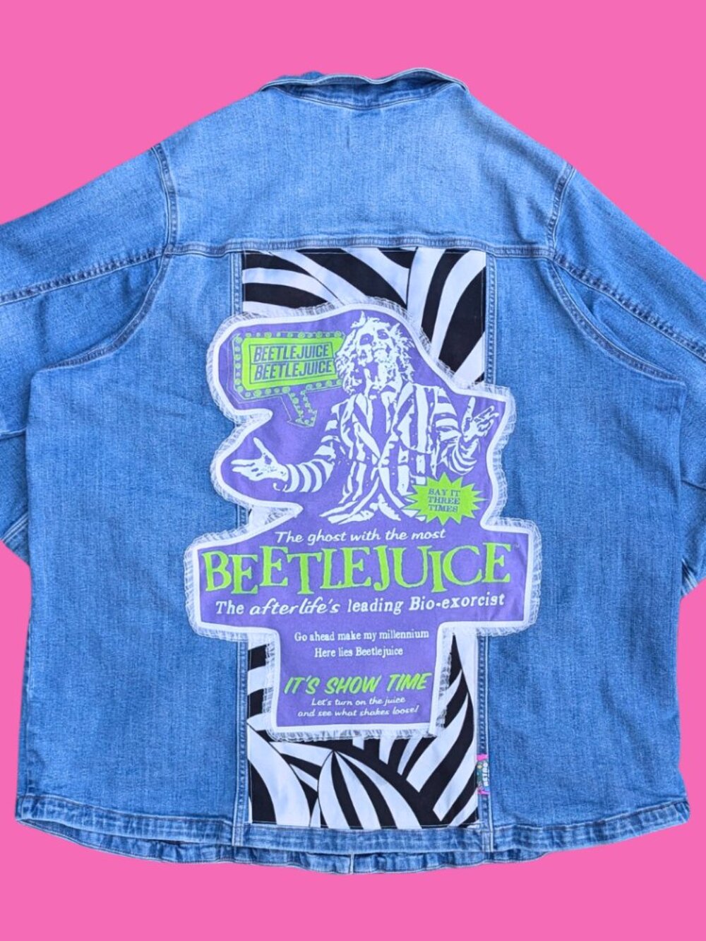 Beetlejuice Upcycled T-Shirt Denim Jacket Size 4XL for Women